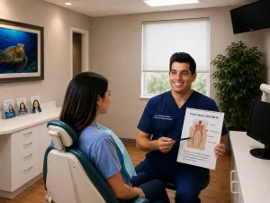 Dr. Antonio Ganios explaining root canal treatment to a patient during a consultation at ProCare Family Dental in Morton Grove, Illinois.