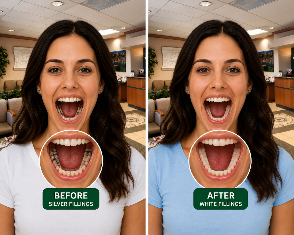 Before and after silver fillings replaced with natural white tooth-colored fillings at ProCare Family Dental in Morton Grove, IL.