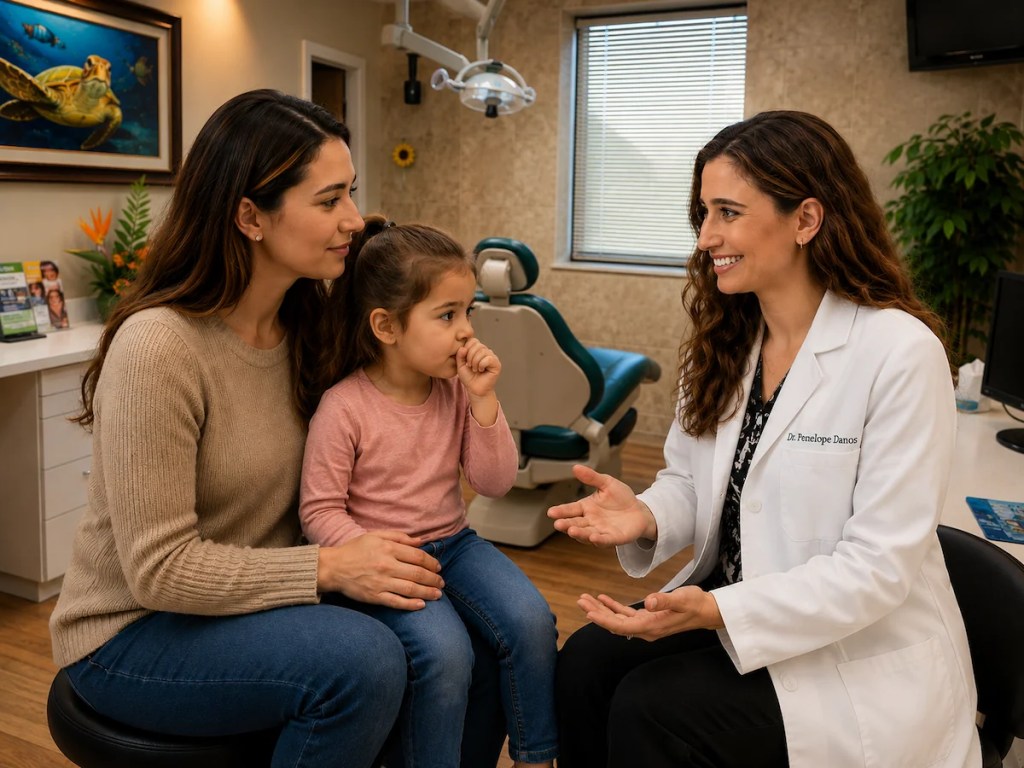 Dr. Penelope Danos consulting with a mother while a young girl sucks her thumb during a pediatric dental visit at ProCare Family Dental in Morton Grove, Illinois.