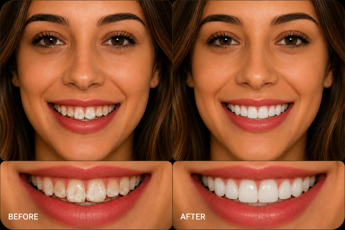 Before and after cosmetic treatment of white spot lesions on front teeth showing a dramatic improvement in smile appearance at ProCare Family Dental in Morton Grove, Illinois.