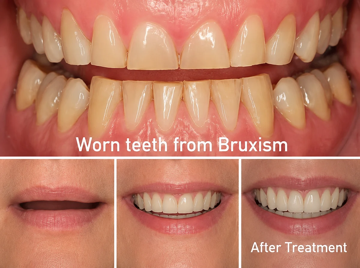 Before and after treatment for worn teeth caused by bruxism at ProCare Family Dental in Morton Grove, IL.