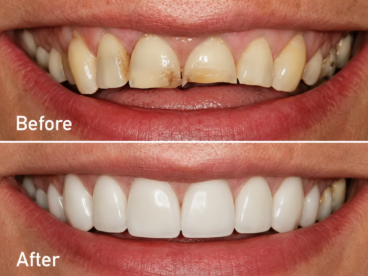 Before and after restoration of chipped and worn front teeth at ProCare Family Dental in Morton Grove, IL.