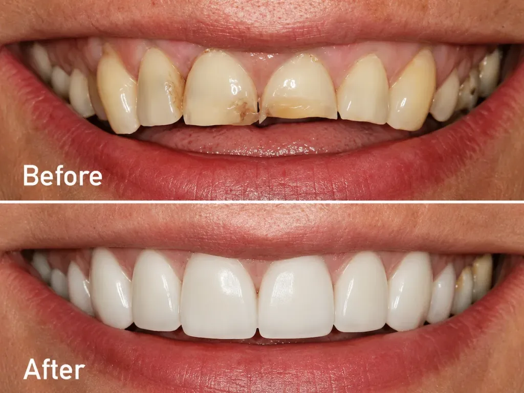 Before and after restoration of chipped and worn front teeth at ProCare Family Dental in Morton Grove, IL.