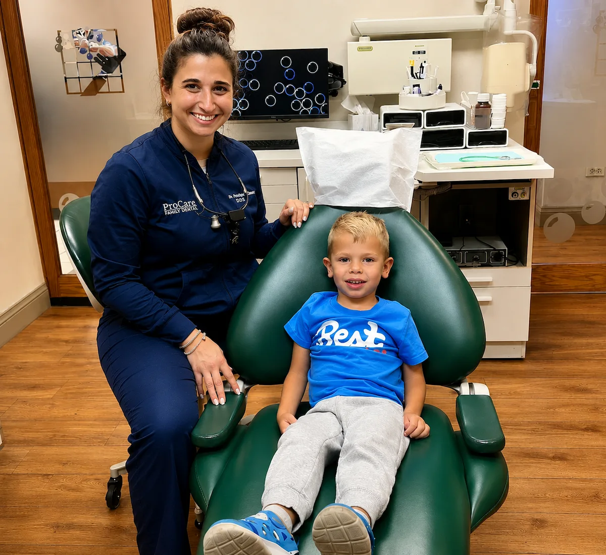 Dr. Penelope Danos with a young child patient at ProCare Family Dental in Morton Grove, Illinois.