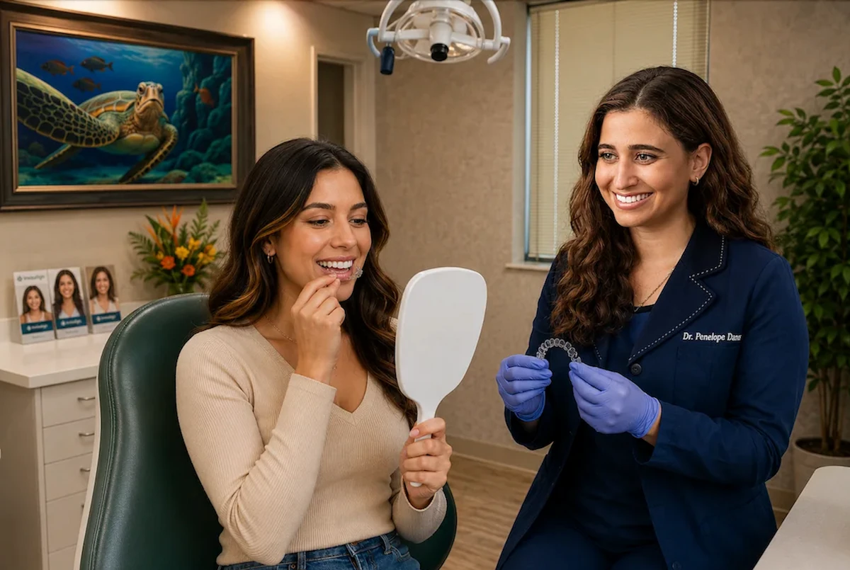 Dr. Penelope Danos helping a patient fit Invisalign clear aligners at ProCare Family Dental in Morton Grove, Illinois.