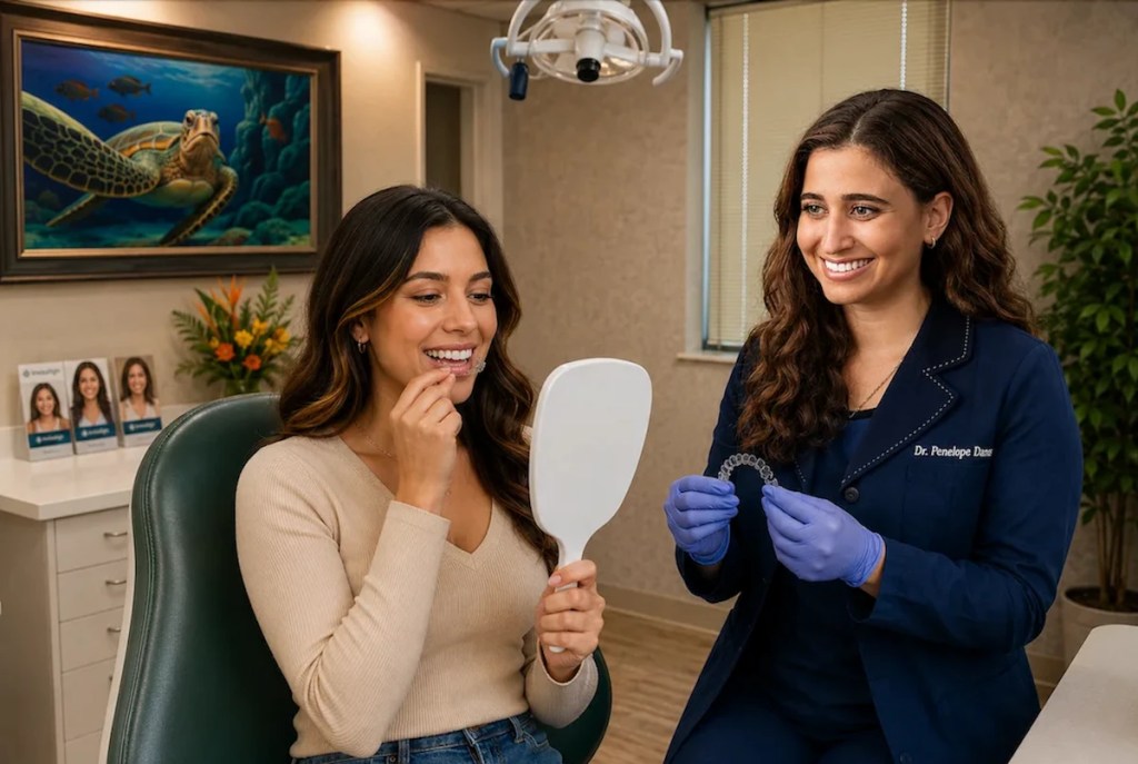 Dr. Penelope Danos helping a patient fit Invisalign clear aligners at ProCare Family Dental in Morton Grove, Illinois.
