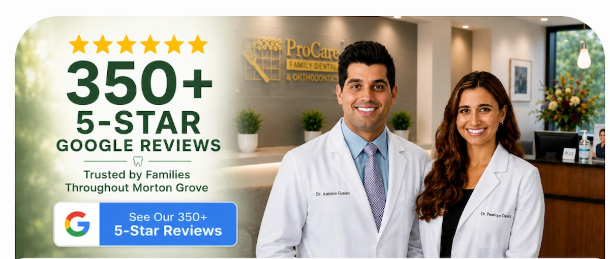 Dr. Antonio Ganios and Dr. Penelope Danos at ProCare Family Dental highlighting 350+ 5-Star Google Reviews in Morton Grove, IL.