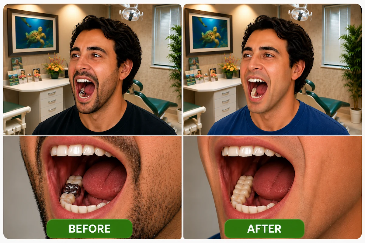 Before and after zirconia dental bridge treatment showing replacement of a metal restoration with a natural-looking zirconia bridge at ProCare Family Dental in Morton Grove, IL.