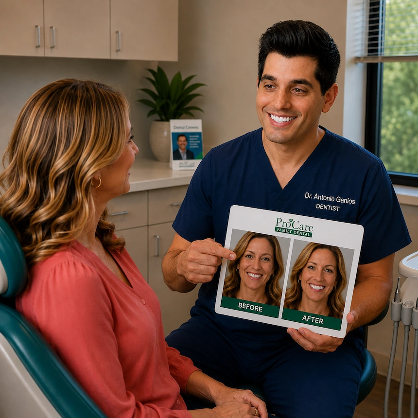 Dr. Antonio Ganios showing a patient before-and-after dental crown results from her smile transformation at ProCare Family Dental in Morton Grove, IL.