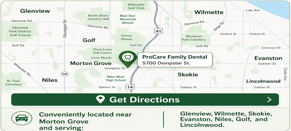 Map showing ProCare Family Dental at 5700 Dempster St in Morton Grove, near Glenview, Wilmette, Skokie, Evanston, Niles, Golf, and Lincolnwood.