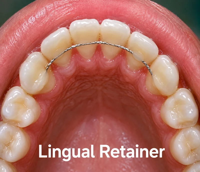 Lingual fixed retainer bonded behind the teeth after orthodontic treatment at ProCare Family Dental in Morton Grove, IL.