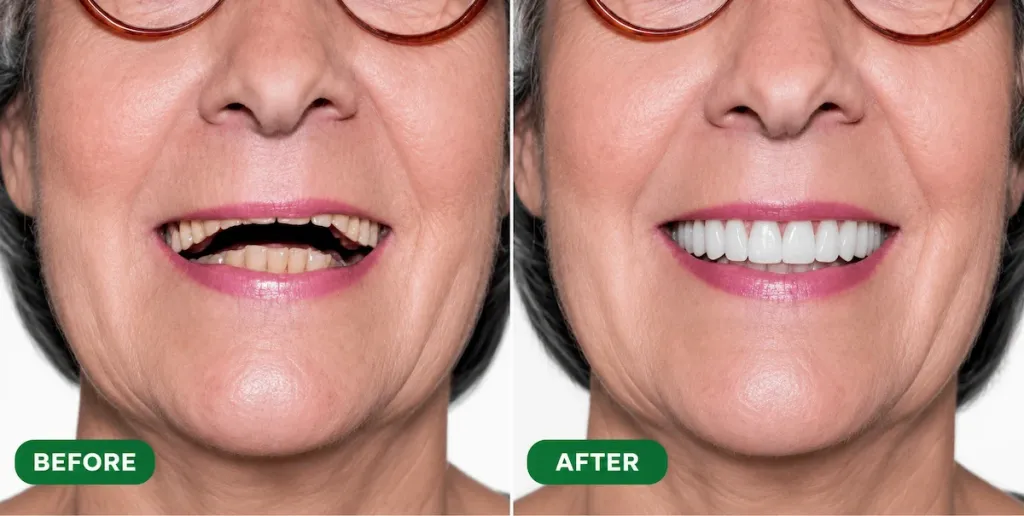 Before and after dentures showing improved smile and natural-looking teeth at ProCare Family Dental in Morton Grove
