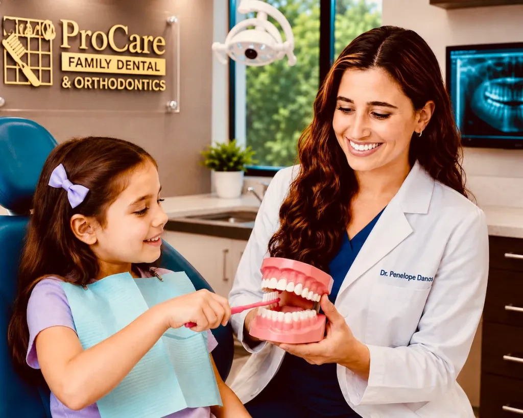 Dr. Penelope Danos teaching a young patient how to brush using a dental model at ProCare Family Dental in Morton Grove, Illinois.