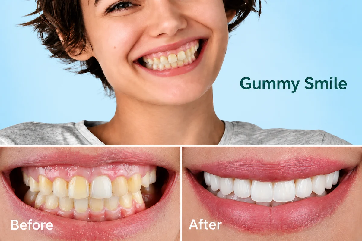 Gummy smile before and after treatment showing reduced gum display and an improved smile in Morton Grove, Illinois.