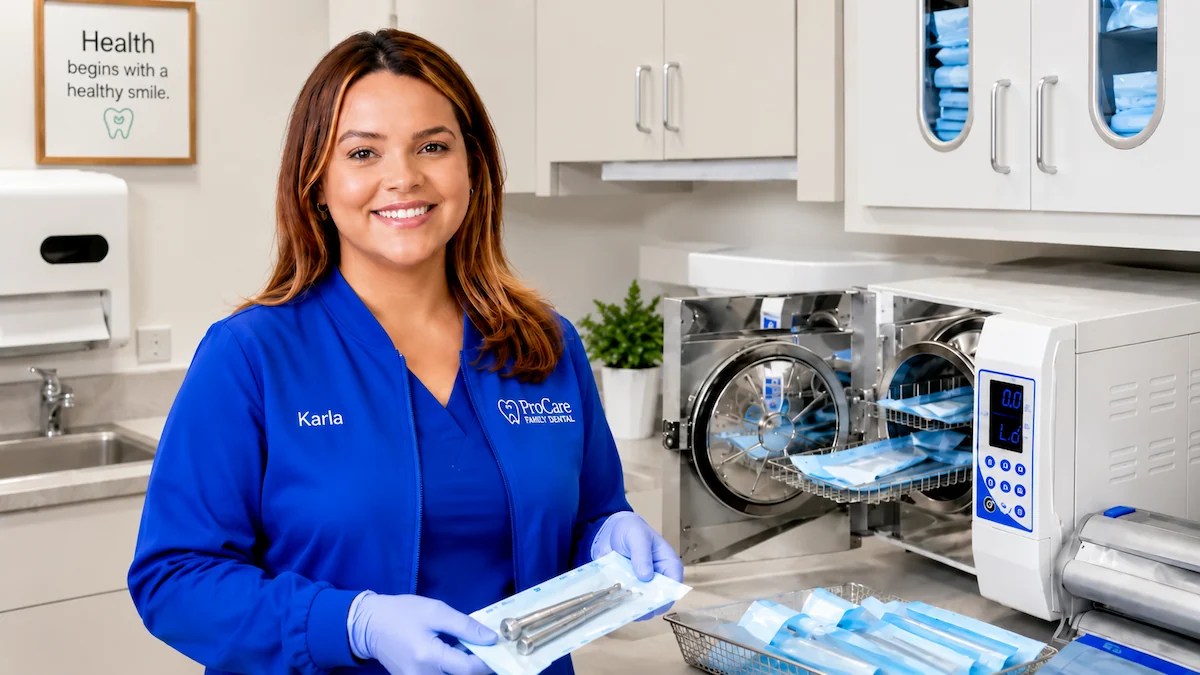 Karla at ProCare Family Dental preparing sterilized dental instruments in the infection control area in Morton Grove, IL.
