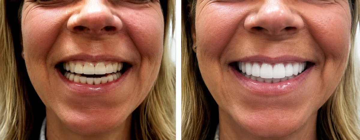 Before and after porcelain veneers showing a conservative restoration with improved tooth shape, color, and smile appearance